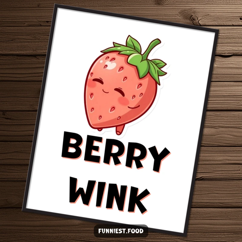 Funny Digital Art Print: A charming strawberry character tipping its leafy hat and winking, bringing playful sweetness to any space.