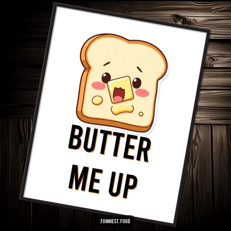 Funny shocked toast digital art print, with butter spreading itself, humorous breakfast illustration.