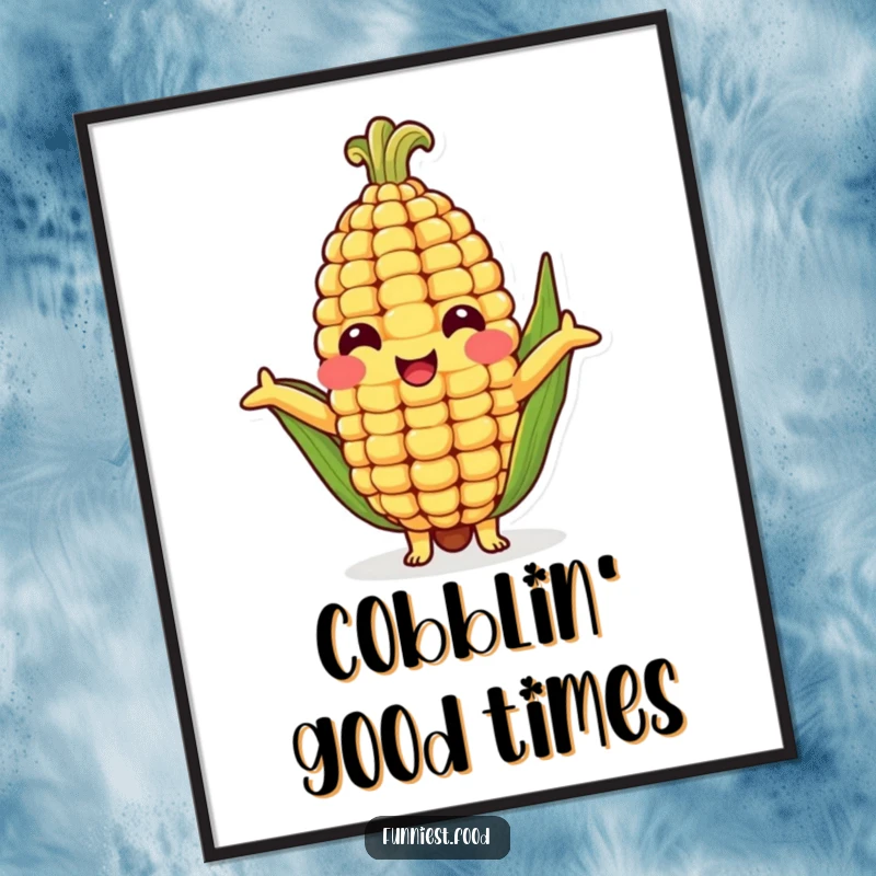 Funny digital art print of a smiling corn cob character with arms wide open, offering a comical and heartwarming hug.