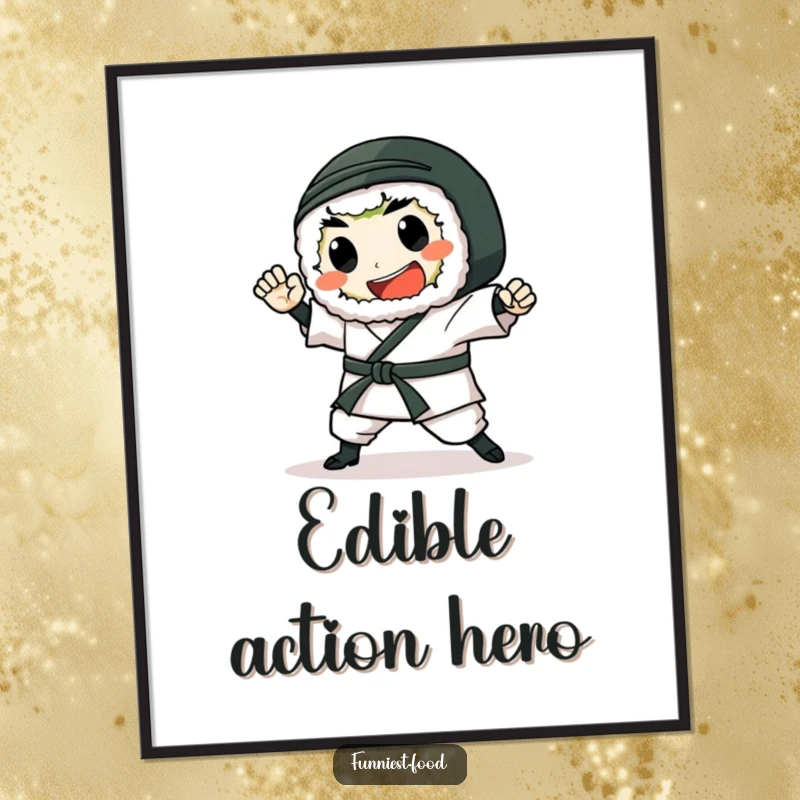 Funny Sushi Digital Art: Printable art of a gleeful sushi roll performing a karate chop, perfect for humorous Japanese-themed decor.