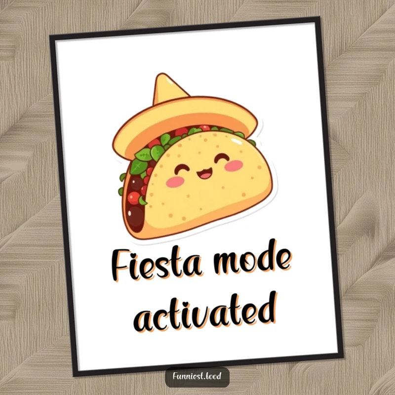 Funny digital art print of an overjoyed taco in a sombrero, tipping it with infectious energy, ideal for instant, humorous wall decor.