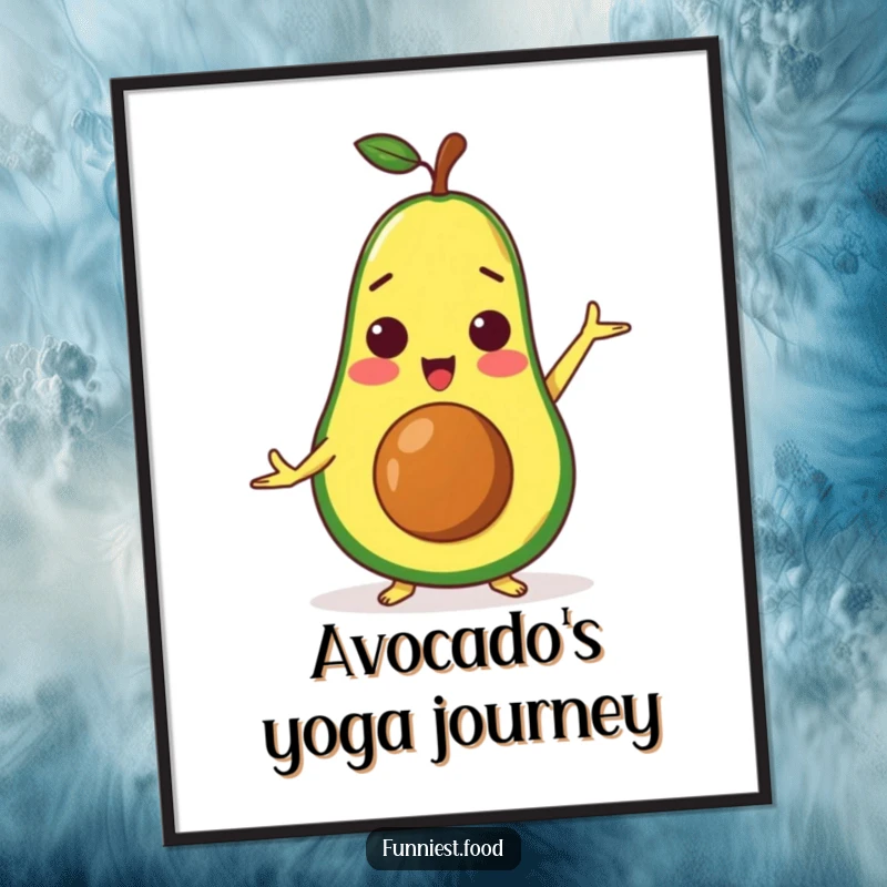 Funny surprised avocado character doing a yoga pose, presented as a calming and humorous digital art print.