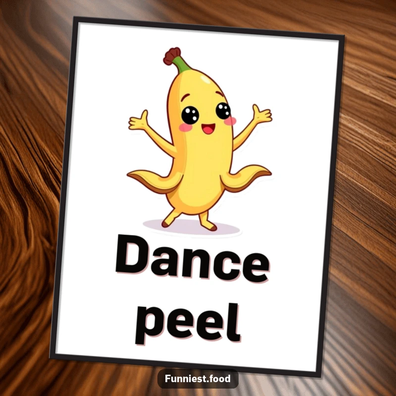 Funny smiling banana character doing a silly dance with peel legs outstretched on a digital art print.