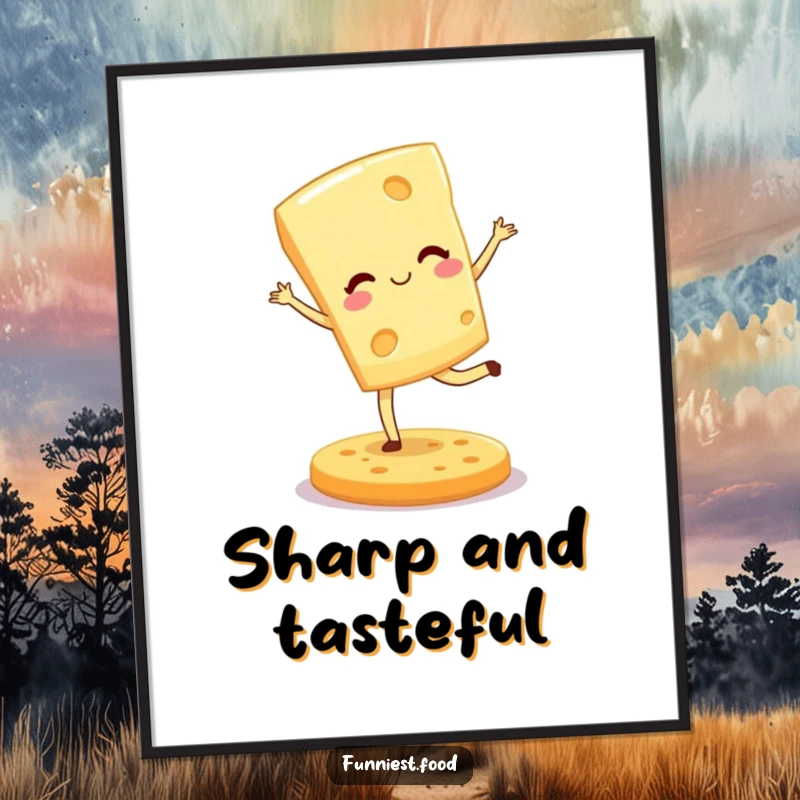 Funny digital art print of a winking cheese wedge performing a graceful pirouette on a cracker, bringing artistic humor.