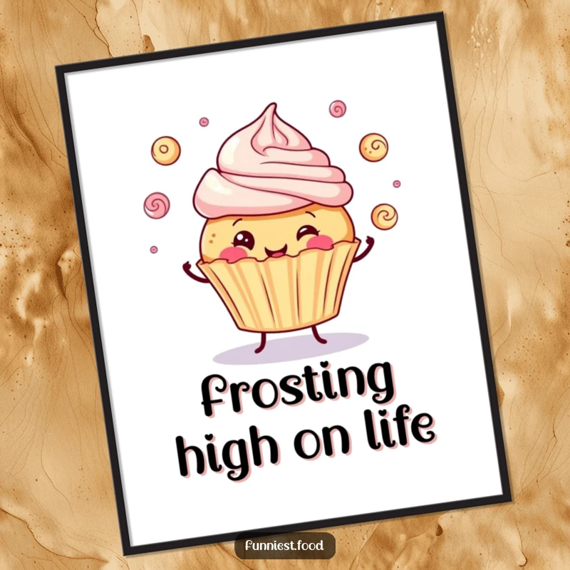 Funny digital art print of a happy cupcake juggling tiny frosting swirls, perfect for immediate humorous wall decor.