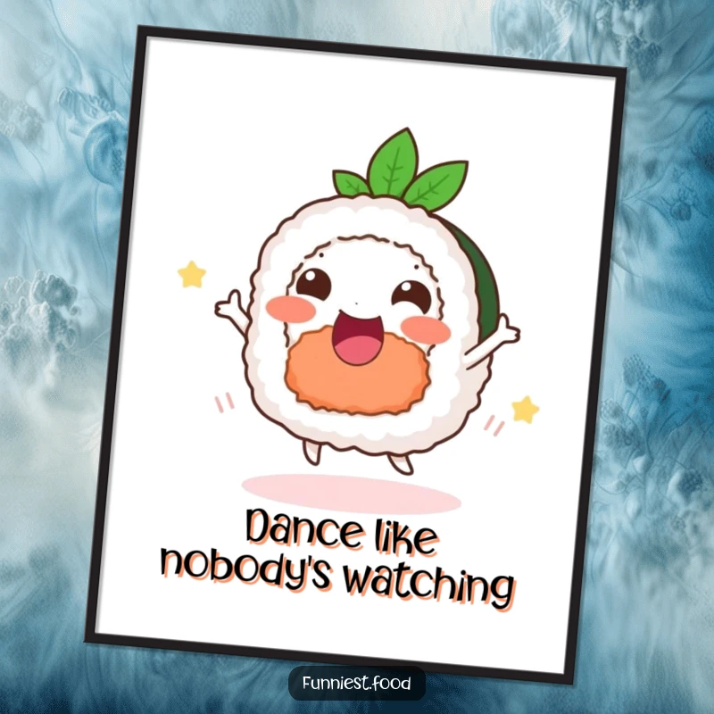 Funny delighted sushi digital art print, a happy dancing roll, vibrant and humorous.