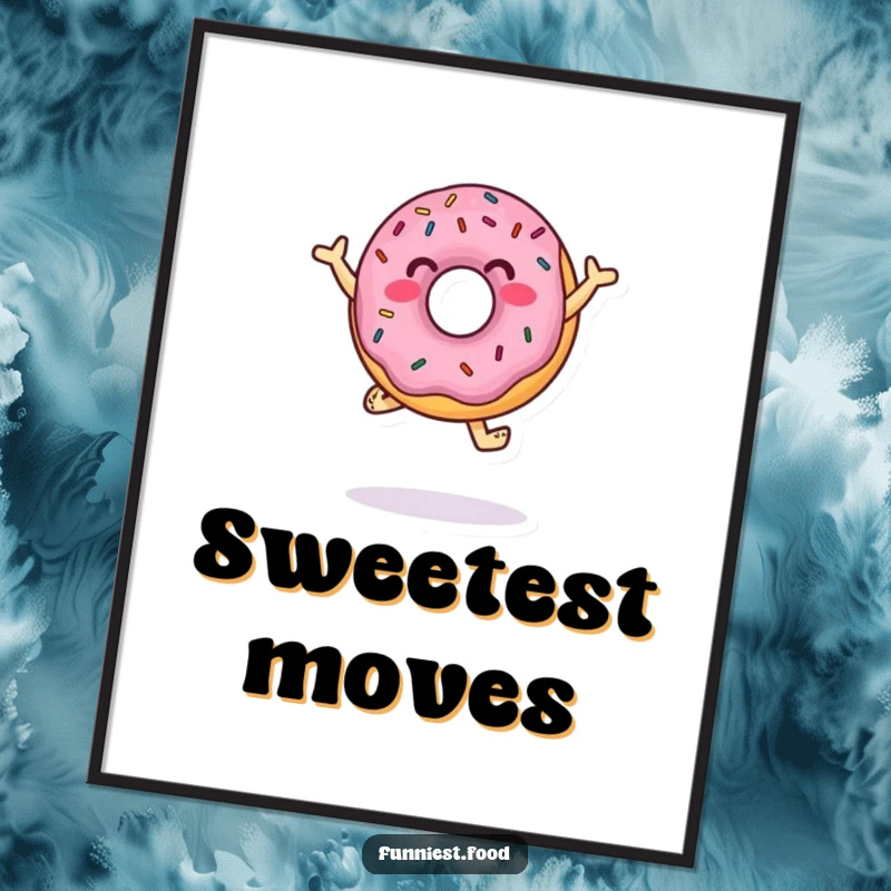 Funny Digital Art Print of a jumping donut character with sprinkles dancing, perfect for instant wall art and sweet decor.