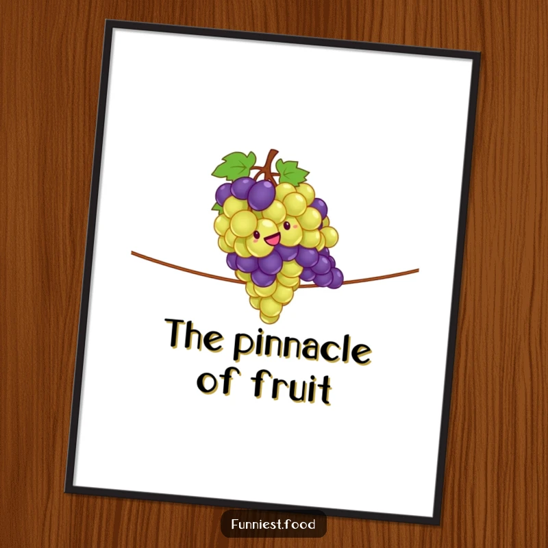 Funny digital art print of a giddy bunch of grapes performing a tightrope act, bringing vibrant humor to any room.