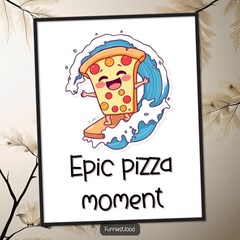 Funny laughing pizza slice surfing a soda wave digital art print, bringing cool vibes and pizza humor, a great funny gift.