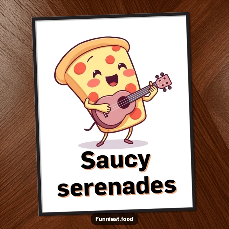 Funny Pizza Digital Art: A lively pizza slice character plays a ukulele with gusto, perfect for vibrant wall decor.