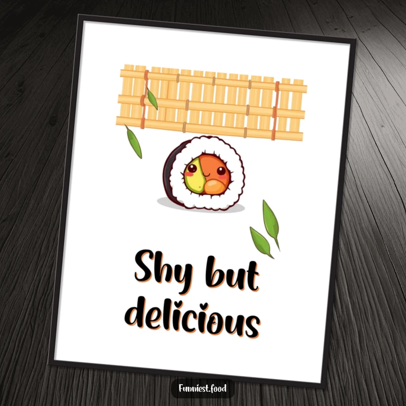 Funny digital art print of a shy sushi roll peeking from behind a bamboo mat, bringing a sweet, bashful, and endearing charm.