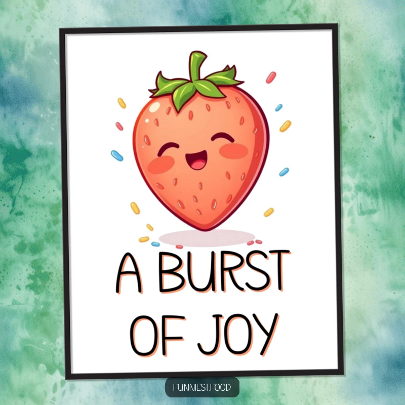 Funny Strawberry Digital Art: Printable art of a happy strawberry character catching falling sprinkles, perfect for sweet and cheerful decor.
