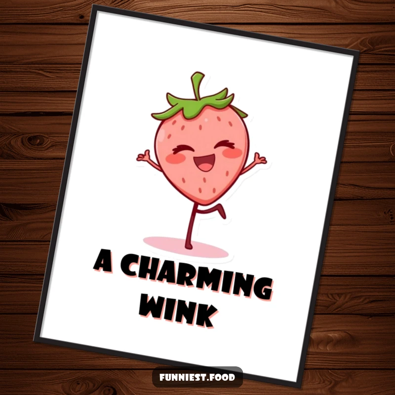 Funny strawberry art, grinning character, balancing on one leg, winking, printable wall decor, humorous and sweet.