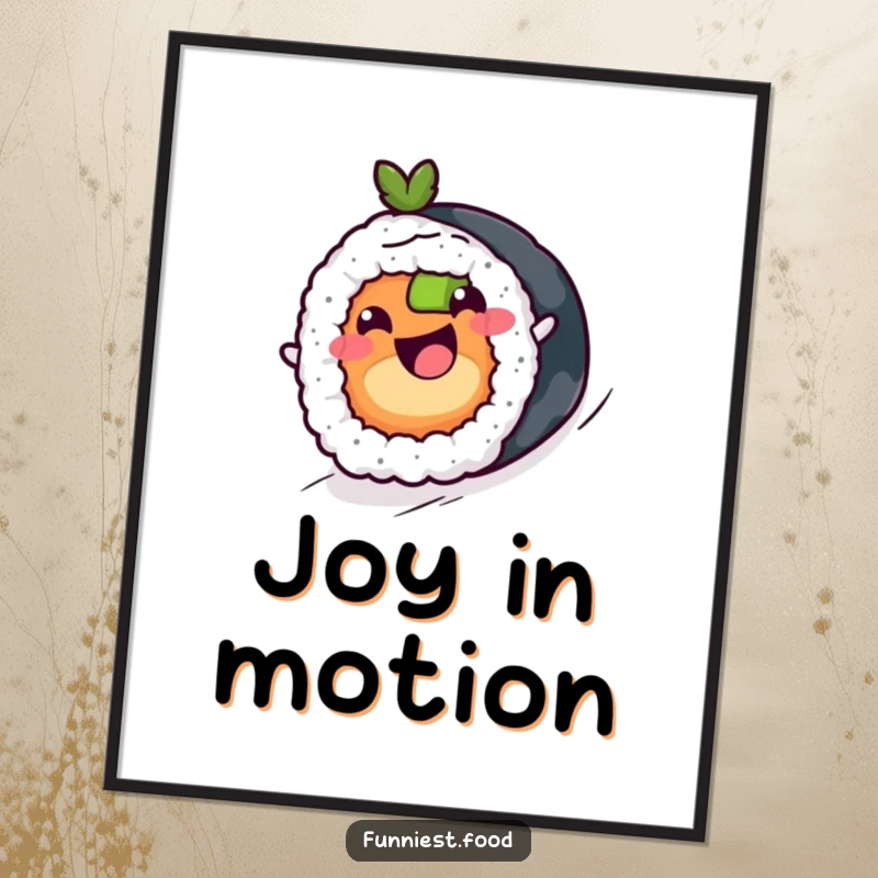 Funny sushi roll art with a happy expression, rolling downhill, printable wall decor, humorous and delightful.