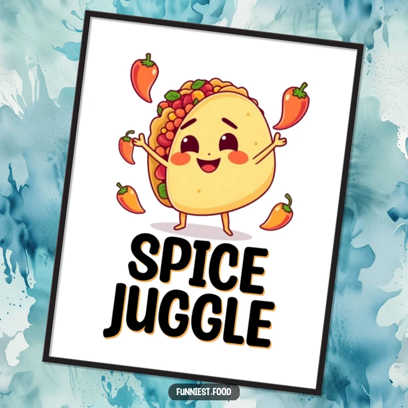 Funny Digital Art Print: A determined taco character juggles tiny spicy peppers, bringing a lively and humorous artistic flair.