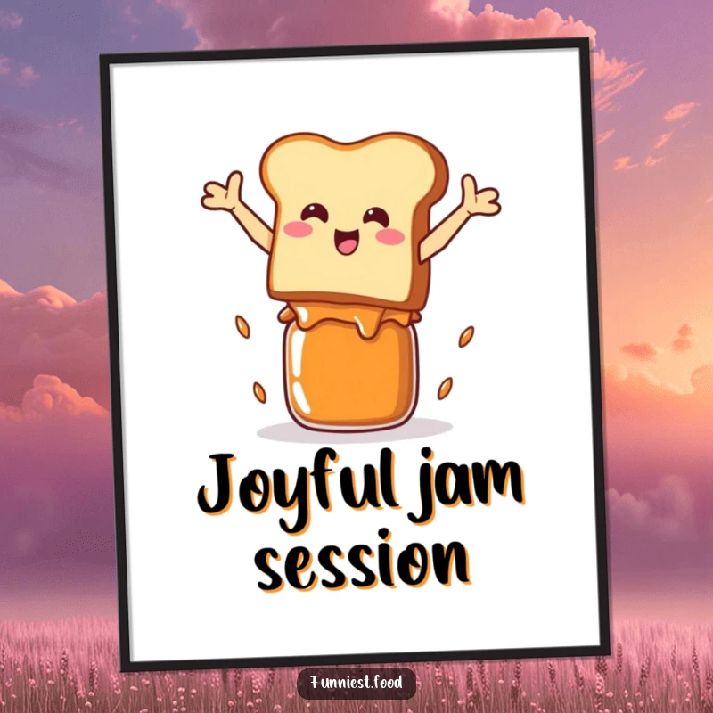 Funny Digital Art Print: A vibrant illustration of a smiling toast character leaping over a jam jar, ready to print.