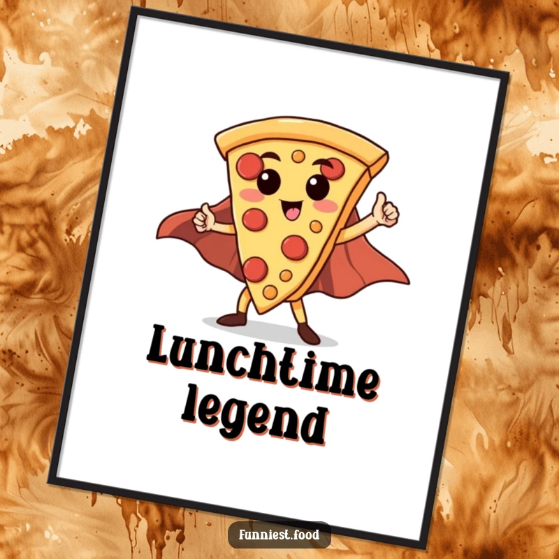 Funny Hero Pizza Slice Digital Art Print: A proud pizza slice dons a cape and strikes a heroic pose, ready for digital display.