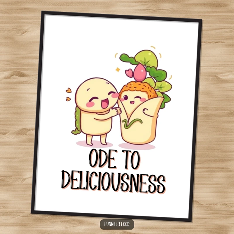 Funny Taco Digital Art: Printable art of a winking taco serenading a shy burrito, perfect for humorous fiesta-themed decor.