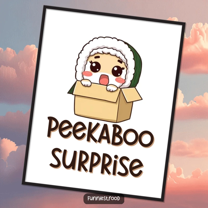 Funny digital art print of a surprised sushi roll character peeking out of a box, ready for instant download.