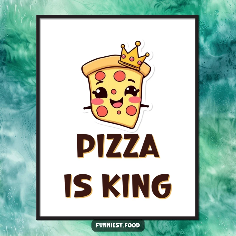 Funny Digital Art Print of a grinning pizza slice character wearing a tiny crown, perfect for instant wall art.