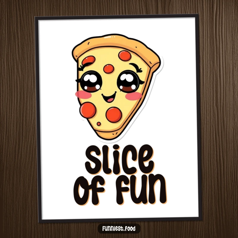 Funny giggling pizza digital art print, a slice with pepperoni eyes, humorous and fun.