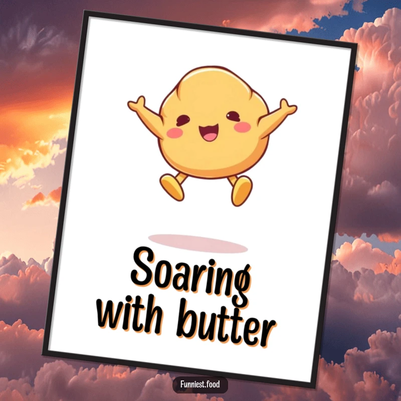 Funny digital art print of a croissant character mid-air jumping with butter pat feet, bringing whimsical pastry humor to your walls.