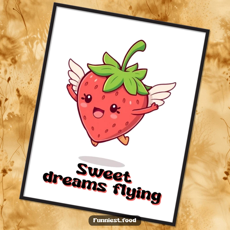 Funny jumping strawberry with tiny wings flying digital art print, offering instant whimsical charm, a great funny gift.