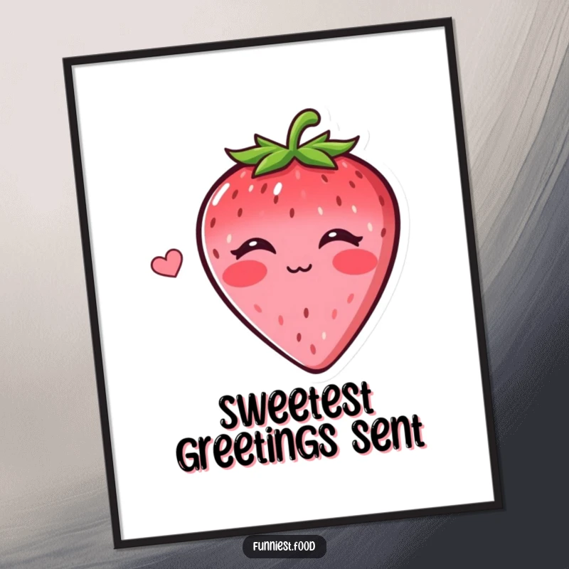 Funny digital art print of a cheerful strawberry blowing a kiss, ideal for adding instant sweet humor and charm to wall decor.