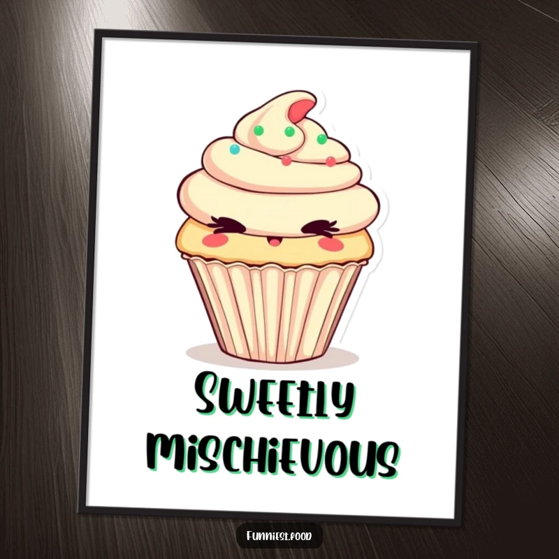 Funny Digital Art Print of a cheeky cupcake character winking mischievously, ideal for instant sweet and playful decor.