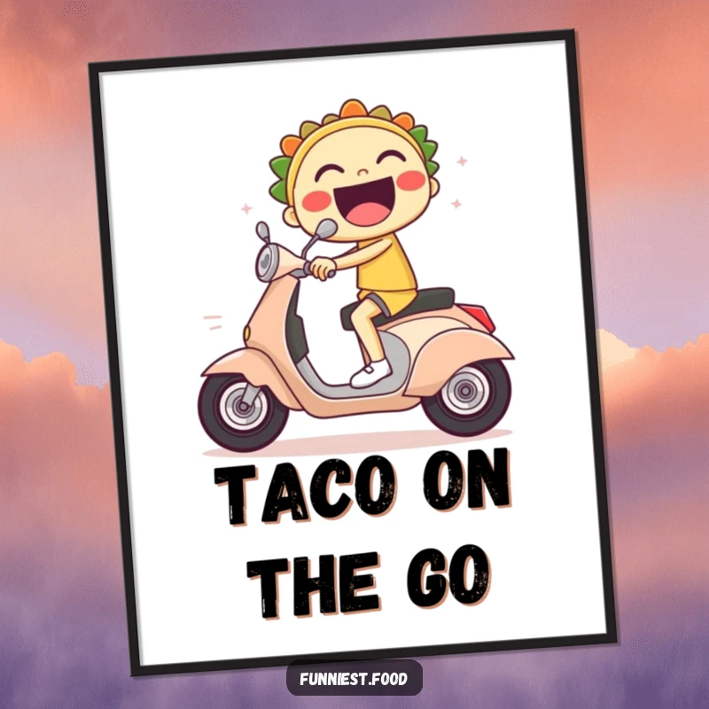 Funny digital art print of a laughing taco character riding a scooter with speed lines.