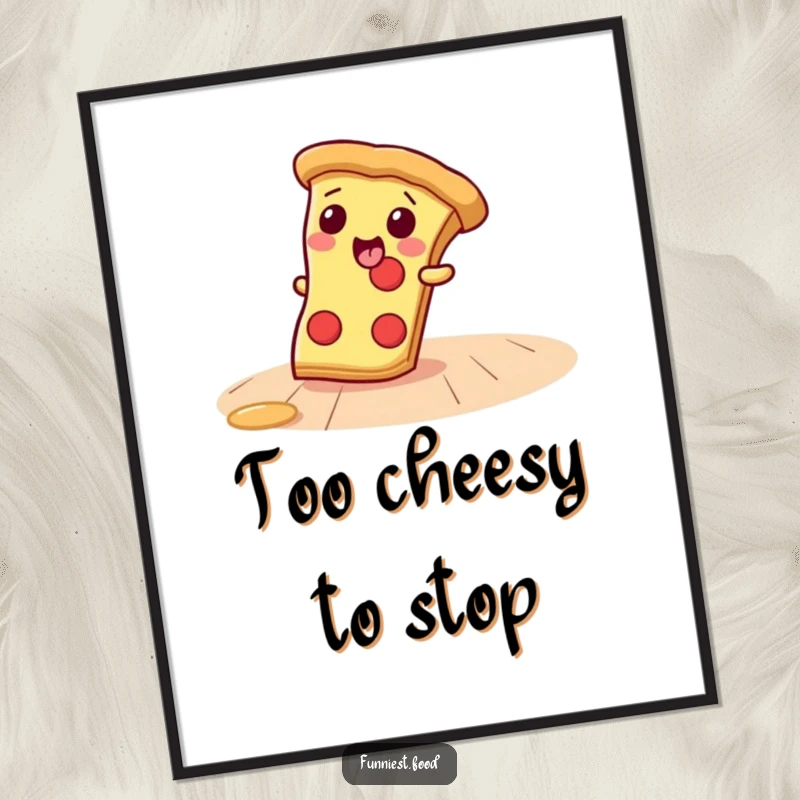 Funny Digital Art Print of a giggling pizza slice sliding across a floor, bringing instant humor and visual delight.