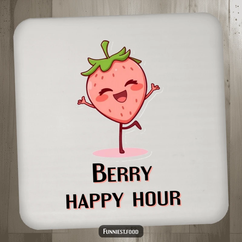 Funny grinning strawberry balancing on one leg, winking on a drink coaster, a humorous and functional table accessory.