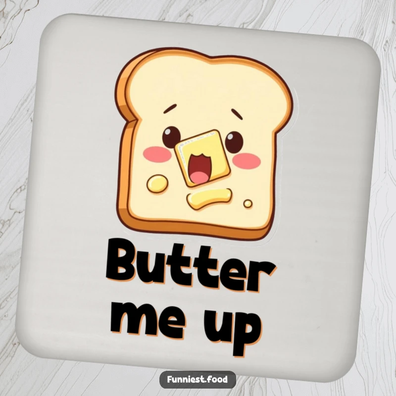 Funny self-buttering toast coaster, showing shocked toast with spreading butter, for surface protection.