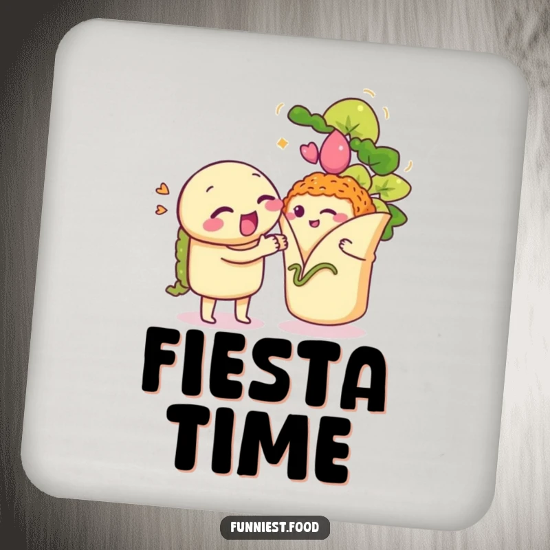 Funny Taco Coaster: A winking taco serenades a shy burrito, a humorous and protective accessory for any table.