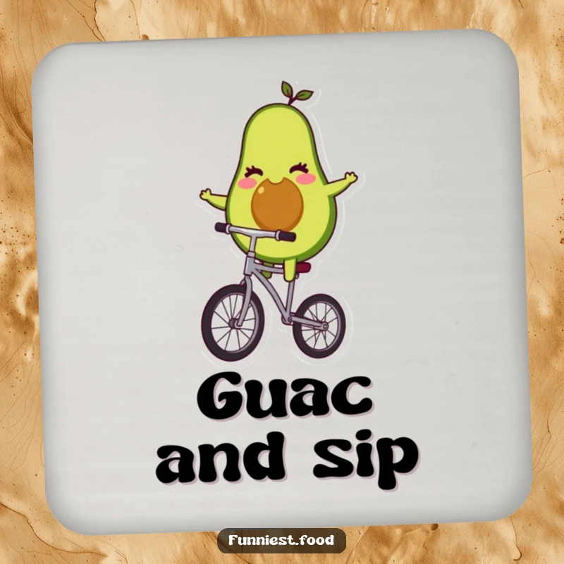 Funny avocado character balancing on a unicycle on drink coasters, adding healthy humor and protecting surfaces.