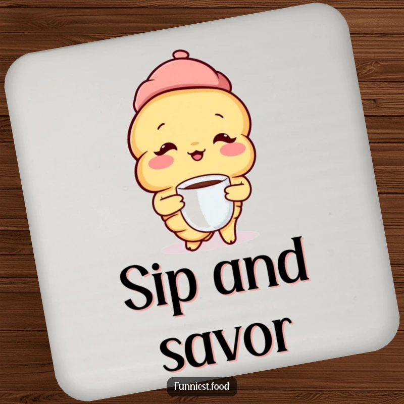 Funny Croissant Coaster: A happy croissant with a beret sips coffee, a humorous and protective addition to any table.