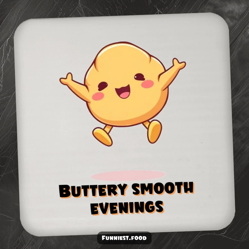 Funny coaster featuring a jumping croissant character with butter pat feet, perfect for adding personality to tables.