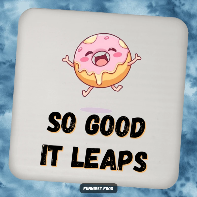 Funny donut coaster with a delighted, frosting-dripping pastry in an energetic leap, protecting surfaces with humor.