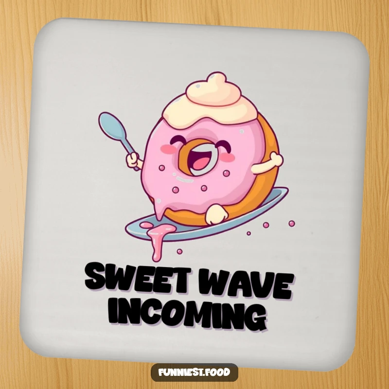 Funny donut coasters showing a joyful donut with dripping frosting surfing a spoon, ideal for protecting surfaces with a fun gift.