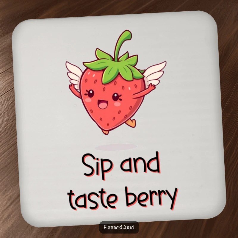 Funny jumping strawberry with tiny wings flying on drink coasters, protecting furniture with whimsical charm, a perfect funny gift.