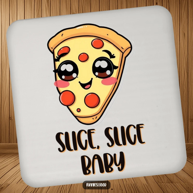 Funny giggling pizza coaster, a slice with pepperoni eyes, for surface protection.