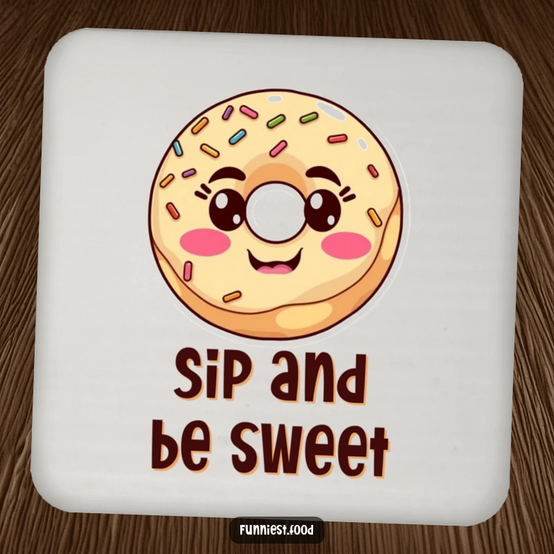 Funny goofy donut with sprinkles making a silly face on drink coasters, protecting furniture with playful humor, a perfect funny gift.