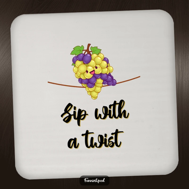 Funny drink coasters depicting a giddy bunch of grapes performing a tightrope act, adding humor to your table.