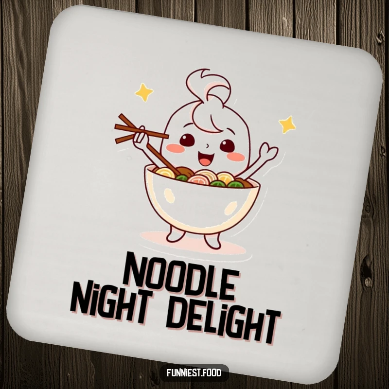 Funny drink coaster with a happy ramen bowl character juggling chopsticks, a humorous and cheerful table accessory.