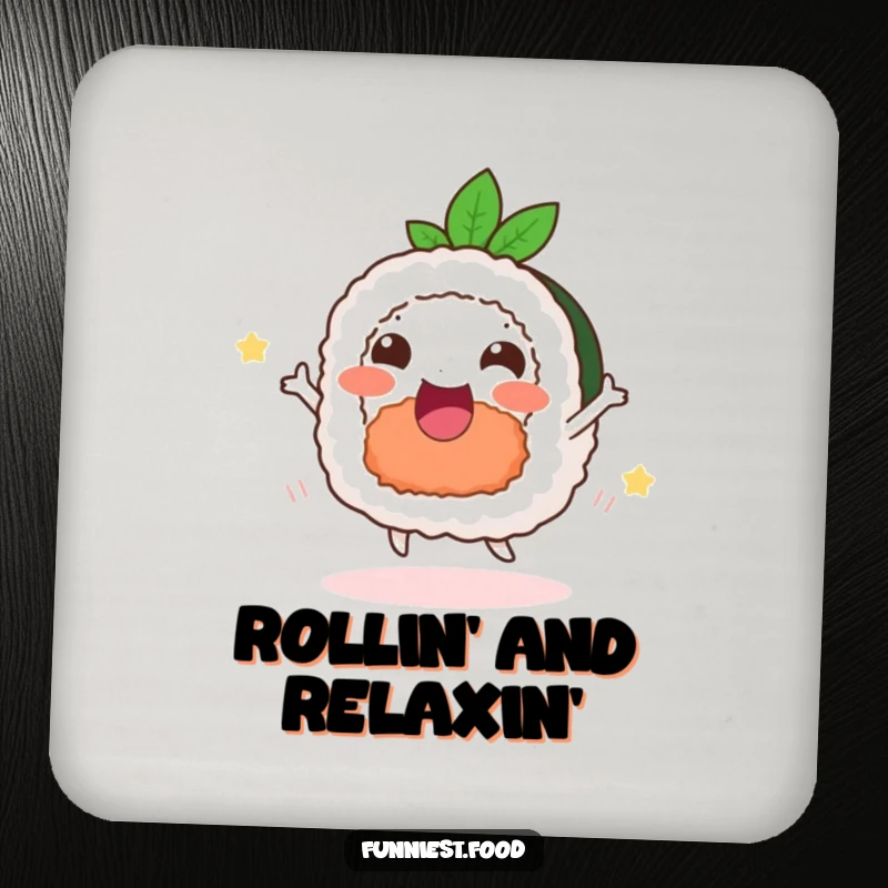 Funny happy sushi dance coaster, featuring a delighted roll dancing, for surface protection.