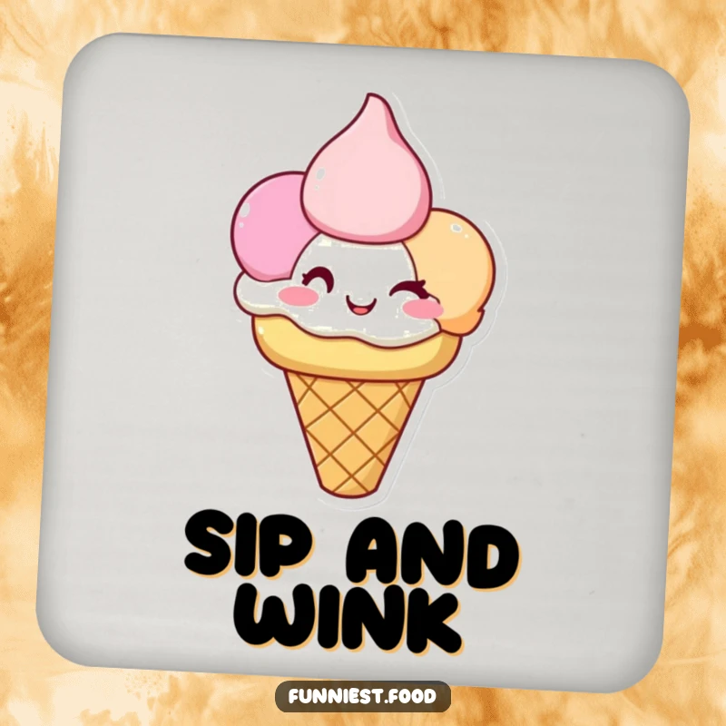 Funny Ice Cream Coaster: A happy ice cream cone with winking scoops protects surfaces with sweet, humorous flair.