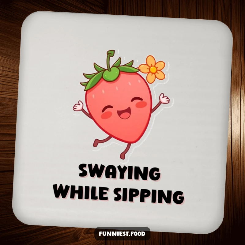 Funny Strawberry Dance Coaster: A joyful strawberry character dances with a flower, adding cheer to drinks, perfect as a charming funny gift.