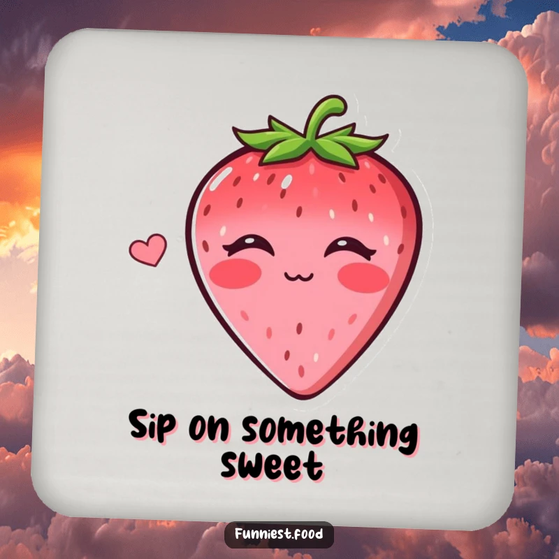 Funny drink coaster featuring a cheerful strawberry blowing a kiss, offering protection with a sweet and humorous flair for any beverage.