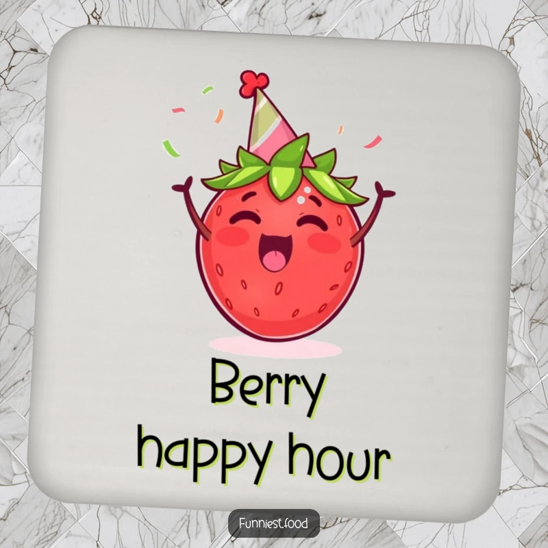 Funny drink coaster featuring an excited strawberry in a party hat, cheering with streamers, protecting your table with humor.