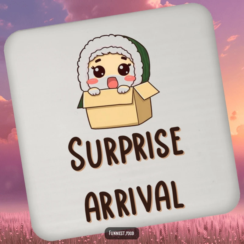Funny drink coaster with a surprised sushi roll character peeking out from a box, a humorous table accessory.
